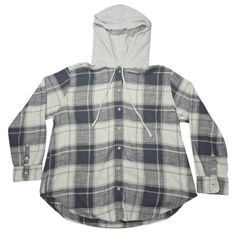 American Eagle Outfitters Gray and White Plaid Hoodie Button-Down Shirt